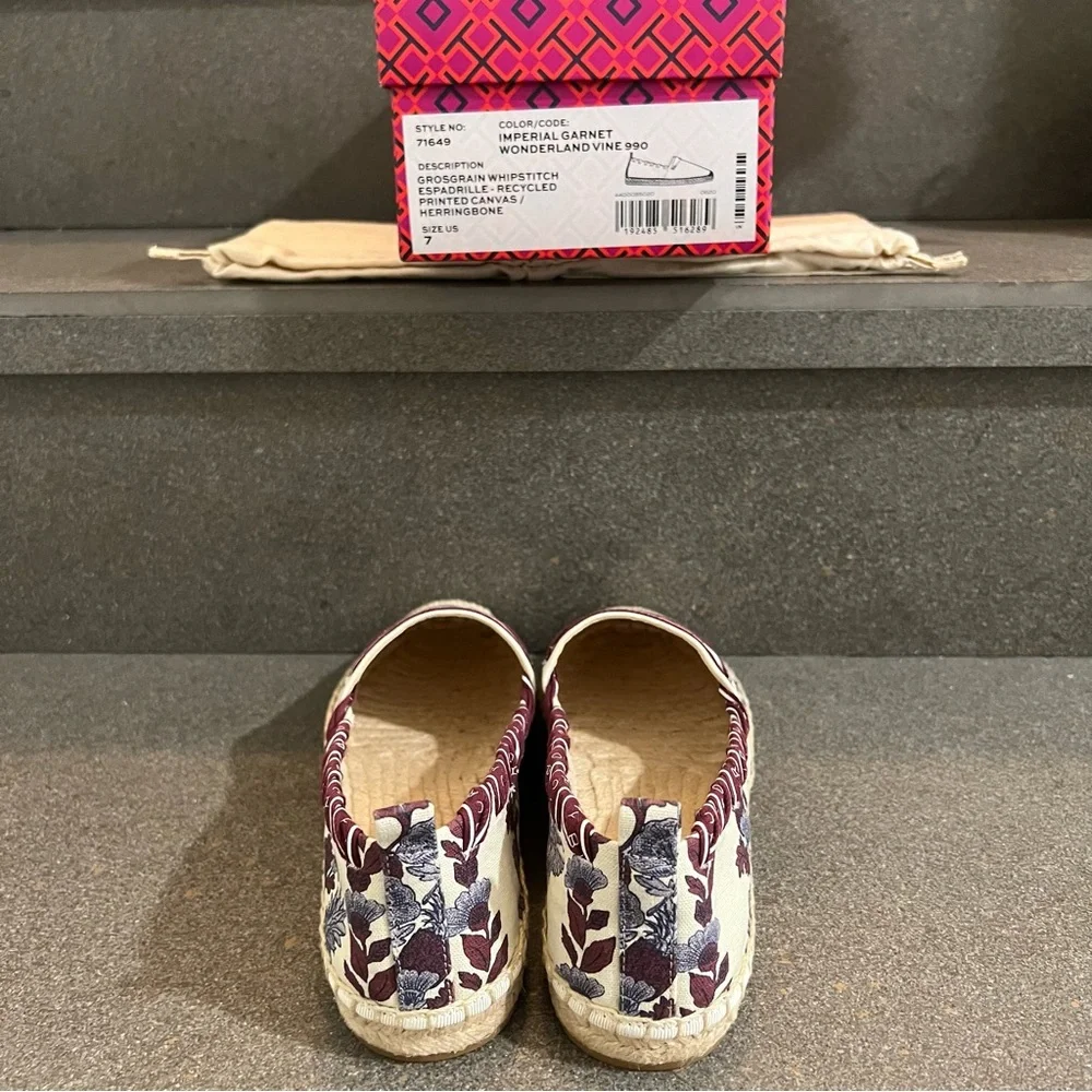 TORY BURCH Grosgrain Whipstitch Floral Imperial Garnet Espadrilles Flat,Sz 7,NIB